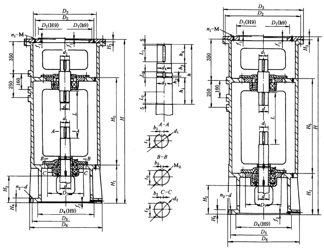 XS3、XS4、XS5、XS6、XS7、型雙支點機(jī)架外形安裝尺寸